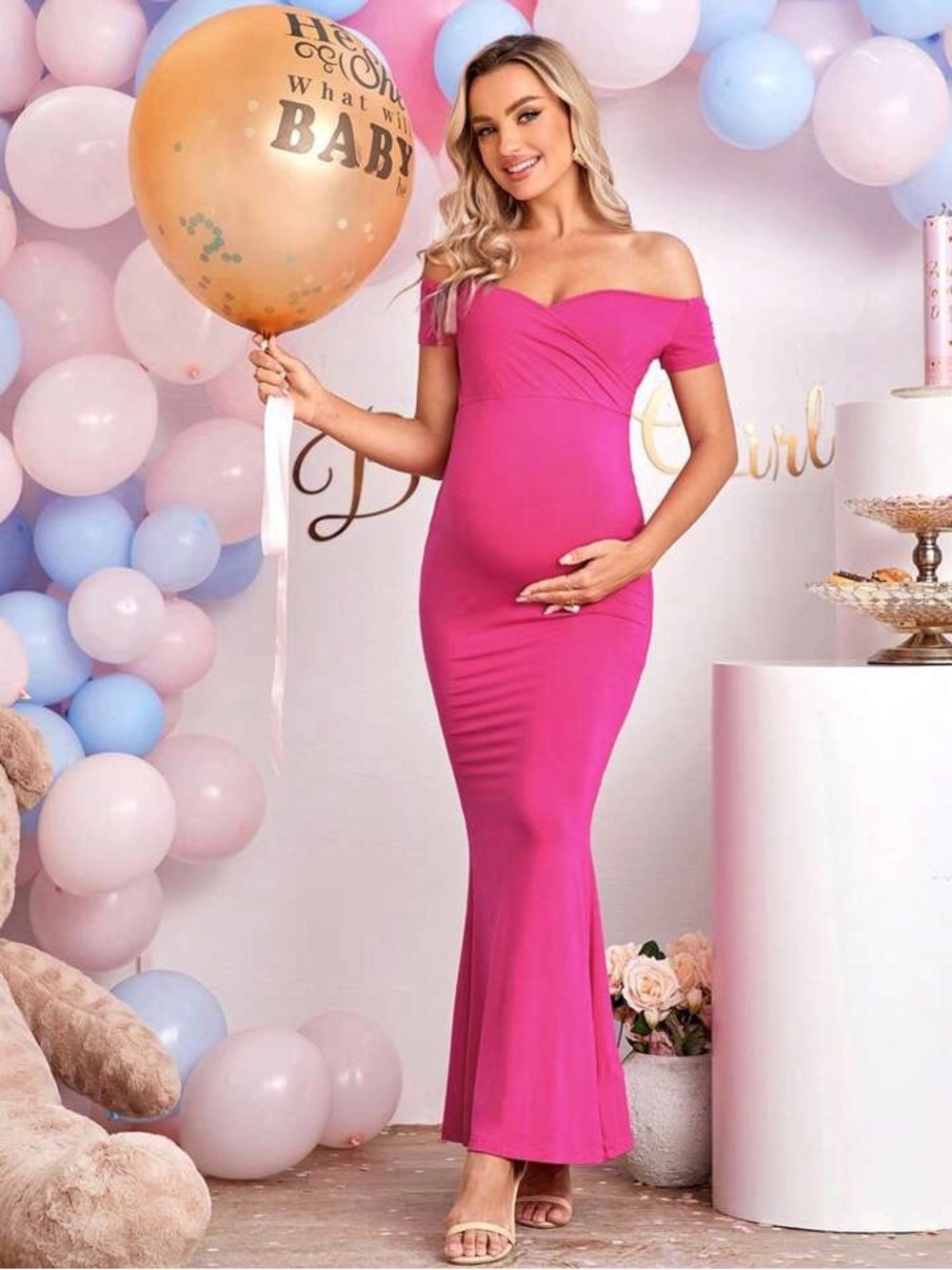 Off-Shoulder Maternity Gown in Hot Pink